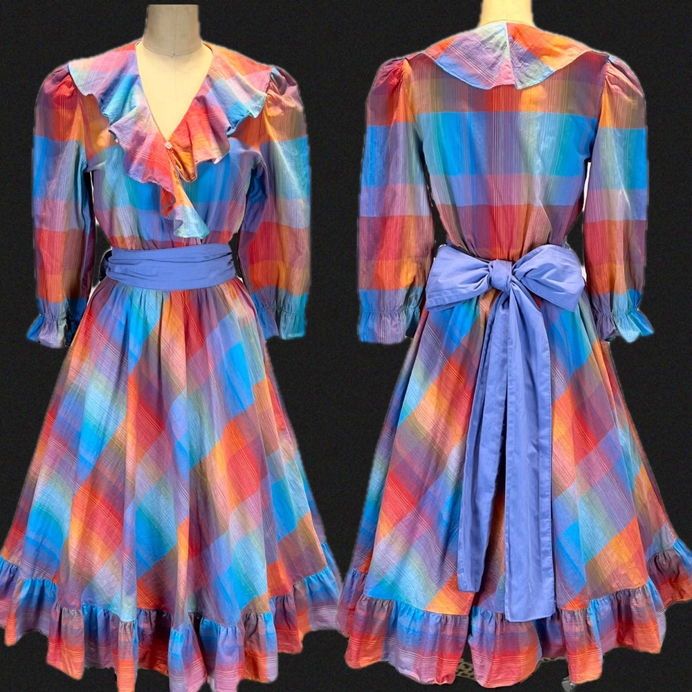 VINTAGE 80s‎ plaid prairie dress ruffle poet collar a-line long sleeve midi